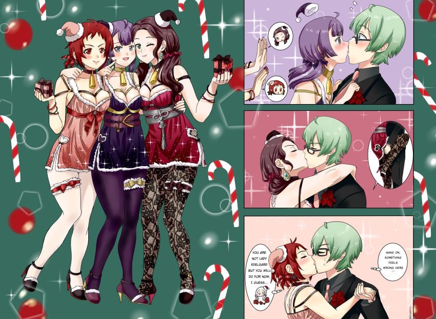 1boy 3girls ;) alternate_costume alternate_hairstyle asymmetrical_docking bare_legs bell bernadetta_von_varley blush breasts brown_hair byleth_(fire_emblem) byleth_(fire_emblem)_(male) choker christmas cleavage closed_eyes dorothea_arnault dress earrings embarrassed english_text female fire_emblem fire_emblem:_three_houses fire_emblem_warriors:_three_hopes gift glasses green_eyes grey_eyes group_hug harem heart high_heels holding_hands hug kissing leg_grab leg_up leggings legs looking_at_another male medium_breasts monica_von_ochs multiple_girls nail_polish nintendo one_eye_closed onikagura_(artist) pantyhose purple_hair purple_nails pushing red_eyes red_hair red_nails smile text twintails wink