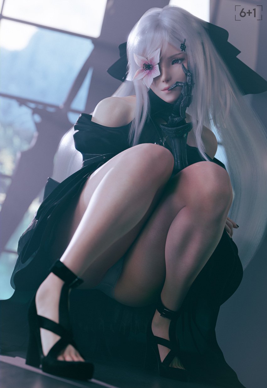 3d background black_dress drakengard female finger_in_mouth flower heels legs long_hair nier_(series) nier_reincarnation panties prosthetic_arm silver_hair sixplusone sword tagme white_hair zero_(drag-on_dragoon) zero_(drakengard)