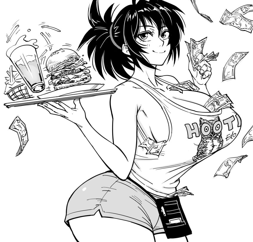 1girls alcohol bb_(baalbuddy) beer between_breasts big_breasts breasts burger busty cleavage female female_only food french_fries highres hooters huge_breasts legs manyuu_chifusa manyuu_hikenchou money monochrome ponytail short_shorts shorts sideboob smile solo tank_top thick_thighs thighs voluptuous waitress