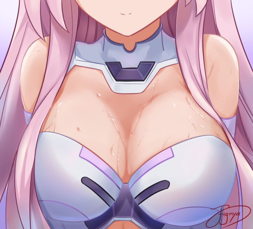 1girls big_breasts bodysuit breast_focus breasts busty close-up clothed female female_only fignya goddess head_out_of_frame large_breasts light-skinned_female light_skin long_hair nepgear neptunia_(series) pink_hair purple_sister smile solo straight_hair sweat