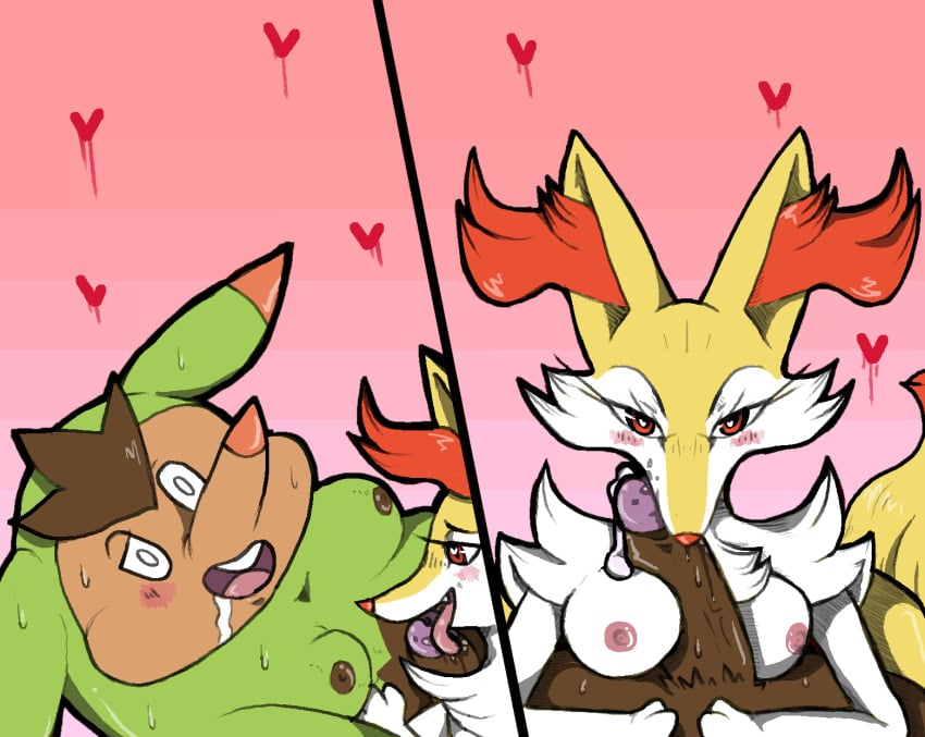 <3_eyes alekoin anthro areola blush bodily_fluids braixen breasts chubby_male duo erection female foreskin generation_6_pokemon genital_fluids genitals heart hi_res licking male male/female mammal moobs nintendo nipples oral penile penis penis_lick pokémon_(species) pokemon pokemon_(species) precum quilladin saliva saliva_on_penis sex tongue tongue_out vein video_games