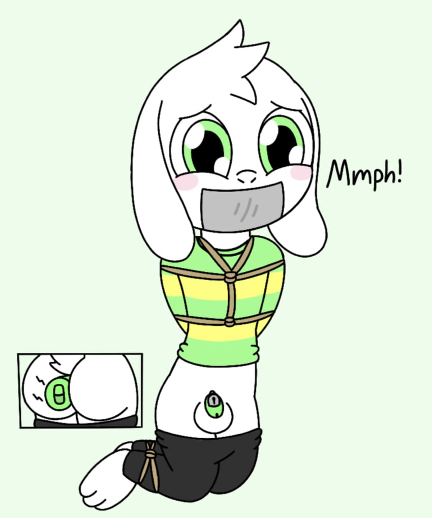 anthro asriel_dreemurr blush bondage boss_monster bound bovid caprine chastity_device clothed clothing fur gag gagged_speech goat hi_res male male_only mammal muffled partially_clothed restraints rope rope_bondage rope_harness solo submissive submissive_male tape tape_gag undertale undertale_(series) video_games white_body white_fur zxc14