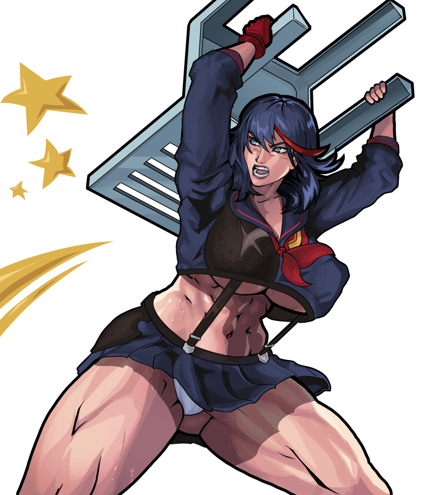 1girls abs absurdres action_pose armpits bangs black_hair black_skirt blue_eyes breasts chair cleavage clothed equinox006 female female_only front_view gloves hair_between_eyes hair_streak huge_breasts human improvised_weapon kill_la_kill lipstick matoi_ryuuko microskirt midriff miniskirt muscles muscular_female muscular_thighs navel nipple_bulge open_mouth panties perky_breasts red_hair red_lipstick serafuku simple_background single_glove skimpy skindentation skirt solo spread_legs straight_hair suspenders sweat thick_thighs thunder_thighs underboob upskirt white_background white_panties