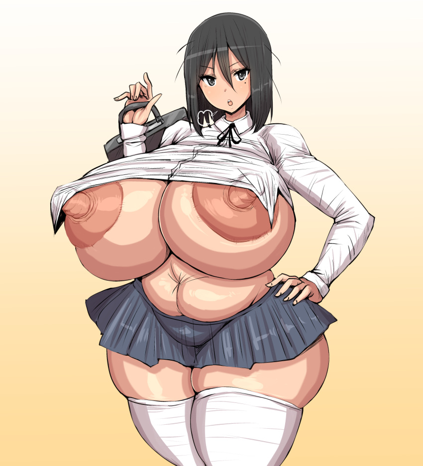 black_hair grey_eyes large_nipples miniskirt original original_character ponkotsuu saori_kiriyama school_uniform schoolgirl stockings tummy venus_body