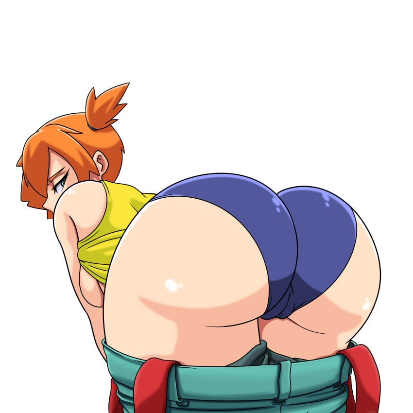 ass asymmetrical_hair back bare_legs beach bed blush breasts bubble_butt cameltoe denim denim_shorts female game_freak green_eyes gym_leader highres huge_ass kasumi_(pokemon) large_ass large_breasts legs markbox nintendo nipples on_bed orange_hair pokemon pokemon_(anime) pokemon_(classic_anime) pokemon_(game) pokemon_rgby ponytail red_hair shirt short_hair short_shorts shorts side_ponytail solo suspenders thick_thighs thighs tied_hair vagina wide_hips yellow_shirt yellow_tank_top