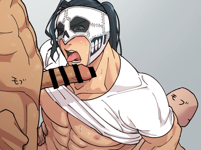 3boys bar_censor black_hair blush erection fighter fist_of_the_seeker gay gay_blowjob imminent_oral implied_sex jose_kanzaki kengan_(series) kengan_omega long_hair long_hair_male looking_at_penis luchador luchador_mask male male_only mask masked masked_male mmm_threesome muscular_bottom open_mouth penis ponytail shibaken shirt_up solo_focus sweat tan_skin threesome tongue_out wrestler yaoi