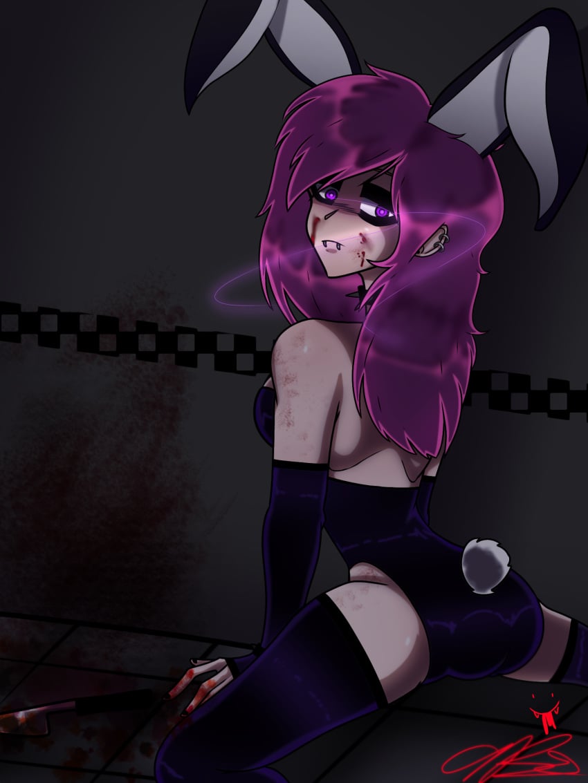 blood bunny_ears bunny_girl bunny_tail bunnysuit crazy_eyes cute_deth cute_deth(artist) cute_deth(character) female knife pink_hair playboy playboy_bunny playboy_bunny_leotard playboy_outfit purple_eyes yandere