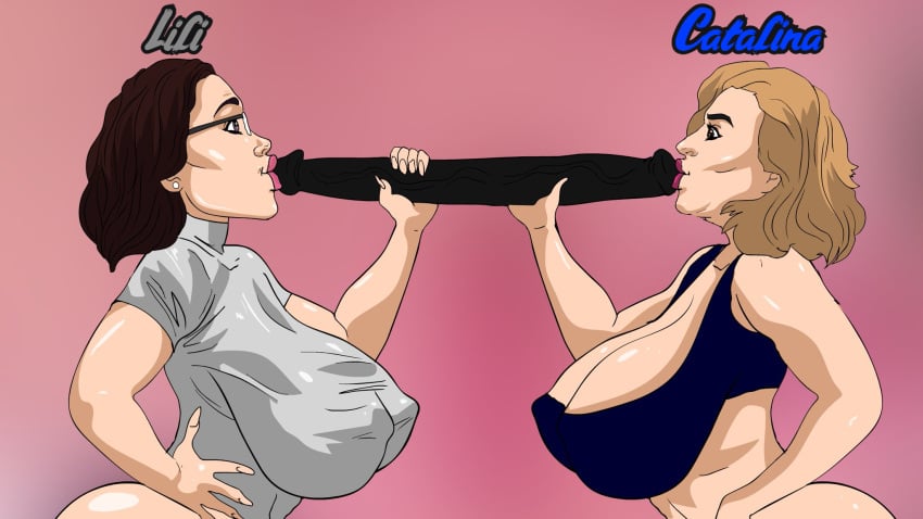 2girls bbw bimbo bimbo_lips bimbofication blonde_hair blue_eyes brown_hair catalina_(cezar342) cellulite cezar342 clothed dated deepthroat dildo double_dildo double_dildo_deepthroat english_text family fellatio female female_only glasses imminent_deepthroat in-lawcest lily_(cezar342) long_fingernails milf multiple_girls nipples nude nude_female offscreen_character oral pink_lipstick plump red_eyes sex_toy sister-in-law_and_sister-in-law speech_bubble text text_bubble throat_training toned toned_futa yuri