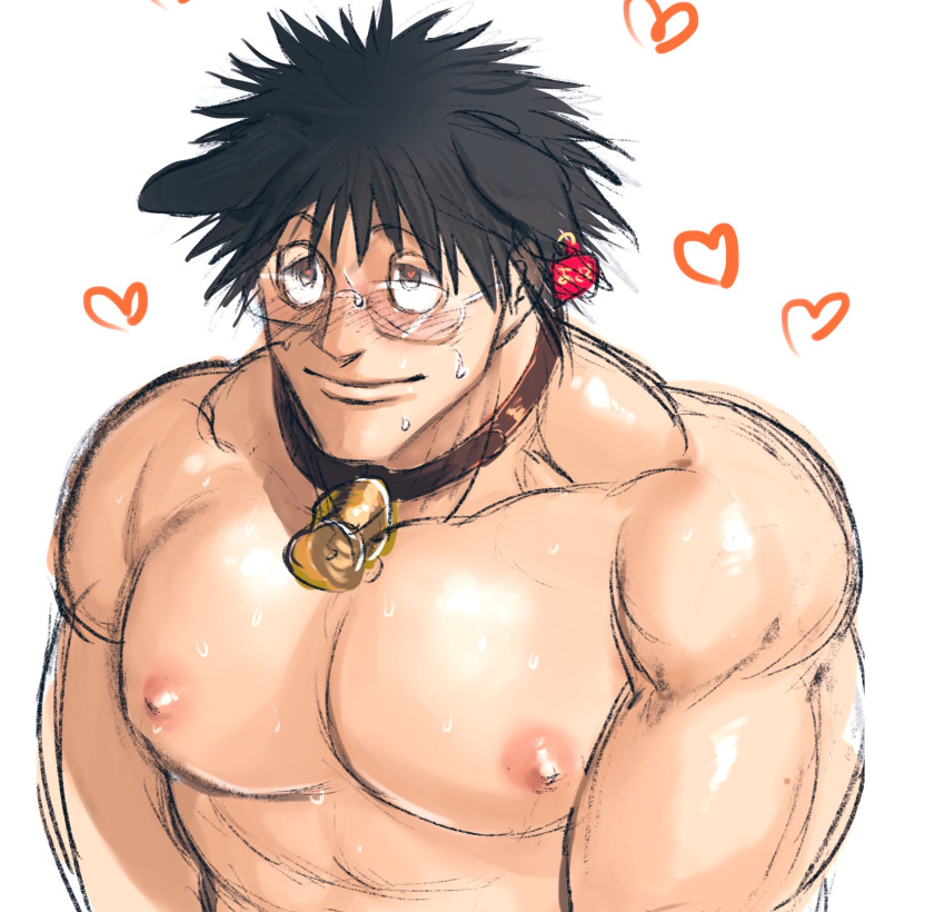 animal_ears bara big_pecs black_hair blush collar colored_sketch cowbell ear_tag glasses half-closed_eyes hayami_masaki heart heart-shaped_pupils kemonomimi kengan_(series) kengan_ashura kengan_omega kuso_chihuahua male male_only muscular muscular_male pecs small_breasts solo spiky_hair sweat topless topless_male upper_body