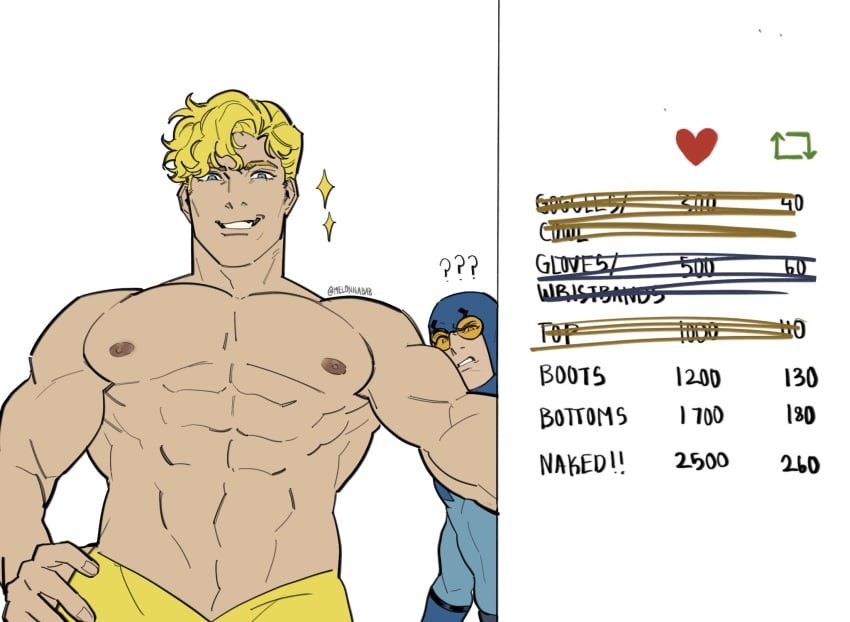 1boy ? ??? abs athletic athletic_male blonde_hair blue_beetle booster_gold dc english_text front_view looking_at_viewer male male_focus male_only melonnabab michael_carter muscles muscular muscular_male non-nude shirtless_male short_hair solo_focus standing star_(symbol) strip_game superhero ted_kord text yellow_clothing yellow_hair