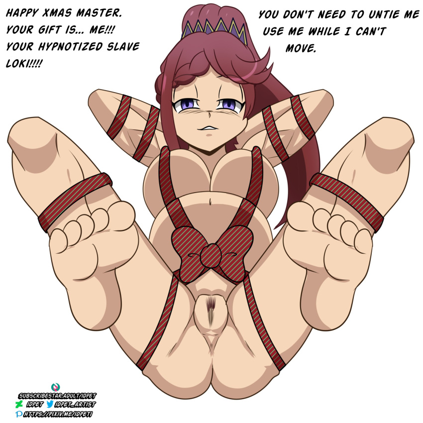 1girls anus arms_behind_head barefoot bondage bound breasts christmas completely_nude completely_nude_female english_text female female_only female_pubic_hair femsub fire_emblem fire_emblem_heroes gift idpet inviting inviting_to_sex large_breasts loki_(fire_emblem) long_hair looking_at_viewer mind_control naked_ribbon navel nintendo nude nude_female ponytail pregnant presenting pubic_hair purple_eyes purple_hair pussy restrained ribbon slave smile solo solo_female spread_legs talking_to_viewer text white_background