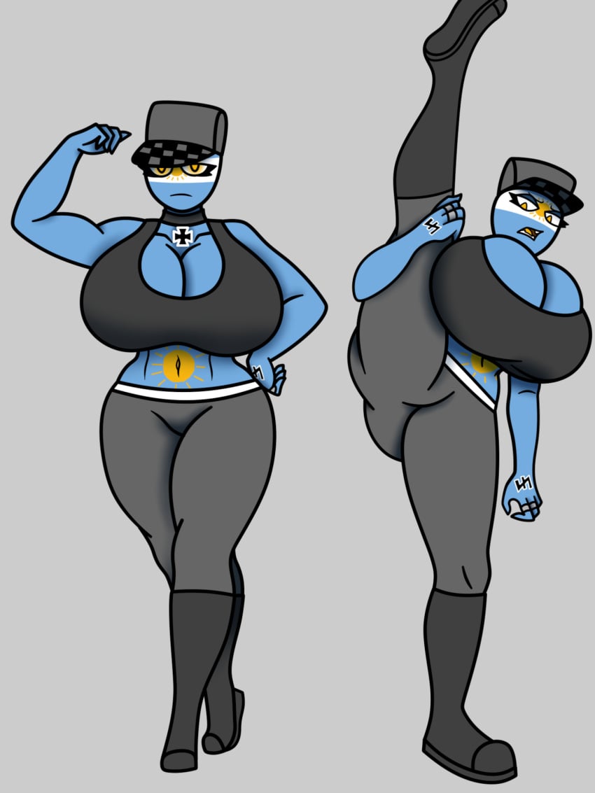 1female 1girl 1girls big_breasts blue_body blue_skin breasts countryhumans countryhumans_girl ech0chamber fascism fascist_argentina_(countryhumans) female female_focus female_only hat huge_breasts iron_cross light_blue_body light_blue_skin military_boots military_cap military_clothing military_hat military_jacket military_pants military_uniform national_personification sun tagme yellow_eyes