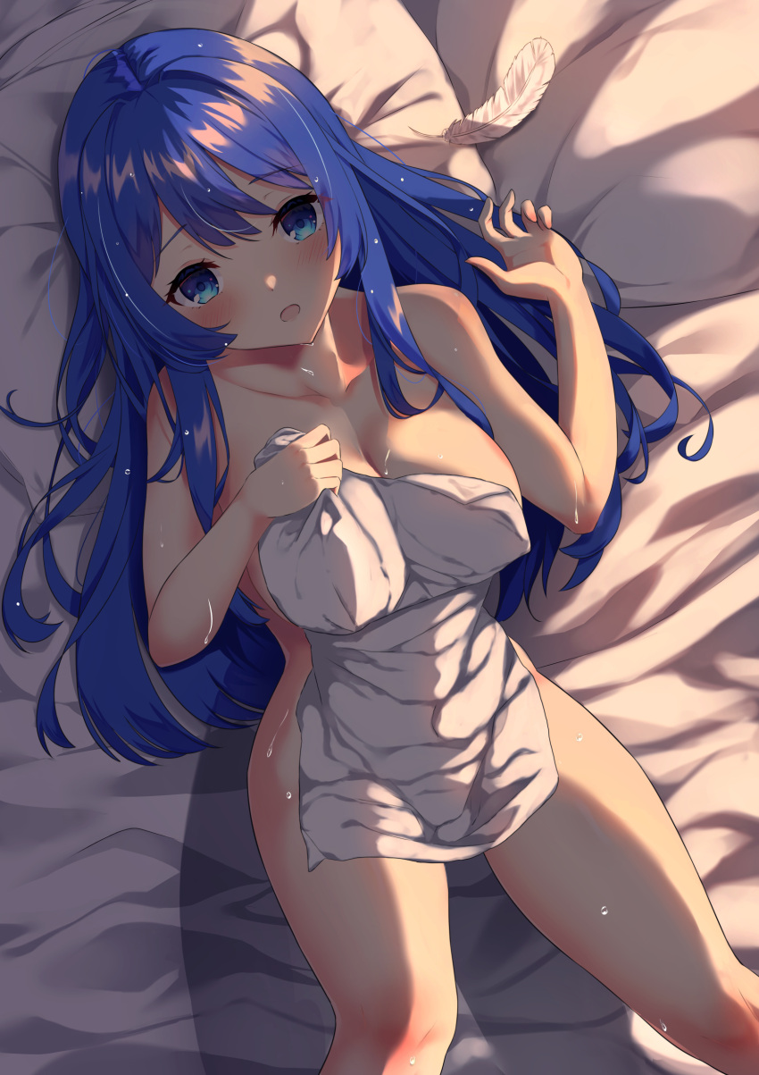 1girls absurdres ambasa bare_shoulders bed blue_eyes blue_hair blush breasts caeda_(fire_emblem) cleavage collarbone commentary_request commission completely_nude covering covering_breasts feet_out_of_frame female female_only fire_emblem fire_emblem:_mystery_of_the_emblem fire_emblem:_shadow_dragon_and_the_blade_of_light highres large_breasts long_hair lying naked_towel nintendo nude nude_female on_back on_bed open_mouth pillow shoulders skeb_commission small_towel solo towel very_long_hair wet