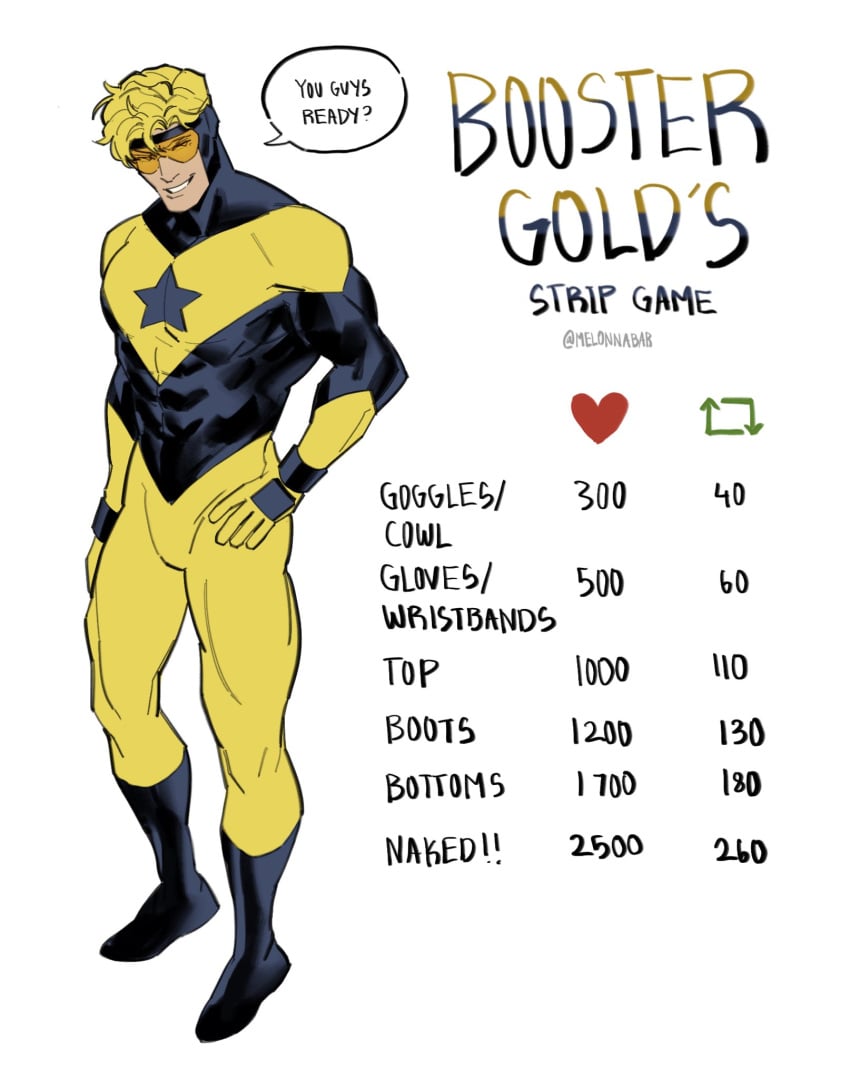 booster_gold bulge clothed dc dialogue english_text looking_at_viewer male male_only melonnabab michael_carter muscles muscular muscular_male strip_game superhero teasing