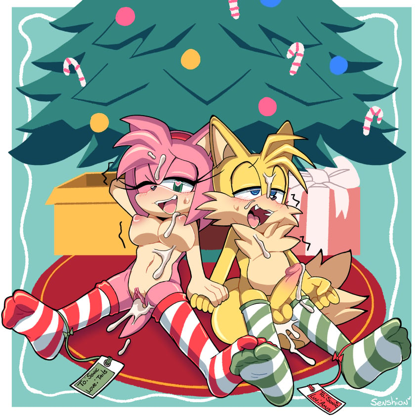 1boy 1girls after_anal after_sex alternate_version_at_source alternate_version_available amy_rose animal_ears animal_humanoid animal_tail anthro anthro_only areolae balls blue_eyes breasts breasts_out christmas christmas_tree cum cum_in_pussy cum_inside cum_leaking cum_on_breasts cum_on_chest cum_on_face eyelashes female fox fox_ears fox_tail fur furry furry_only green_eyes half-closed_eyes heart-shaped_pupils hedgehog implied_yaoi legwear male miles_prower navel nipples one_eye_closed open_mouth penis penis_out pussy sega senshion sonic_(series) sonic_the_hedgehog_(series) stockings striped_legwear tagme tail tails tails_the_fox thighhighs tongue tongue_out upper_teeth vagina yaoi yellow_fur