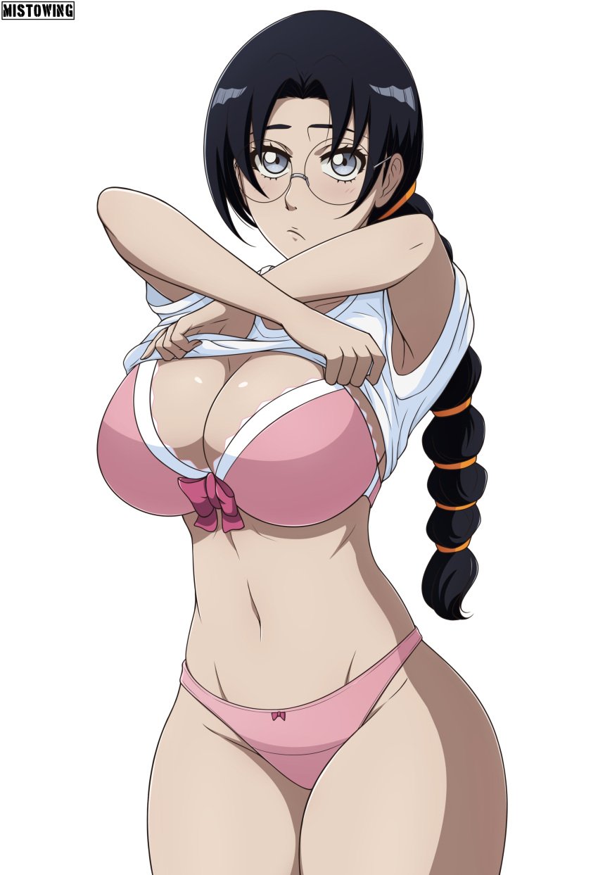 1girls armpits big_breasts black_hair black_hair_female bleach bleach:_the_thousand-year_blood_war blue_eyes blush bottomless bra braid braided_ponytail breasts busty cleavage clothing clothing_lift eyewear female female_only glasses huge_breasts katori_batsu&#039;unsai legs_together lifted_by_self light_skinned_female long_black_hair long_hair long_hair_female looking_at_viewer matching_underwear megane mistowing panties pink_bra pink_panties pinup pixiv removing_clothing removing_shirt shirt shirt_lift solo solo_focus taking_clothes_off thick_thighs three-quarter_portrait tied_hair underwear undressing undressing_self upper_body voluptuous white_background wide_hips