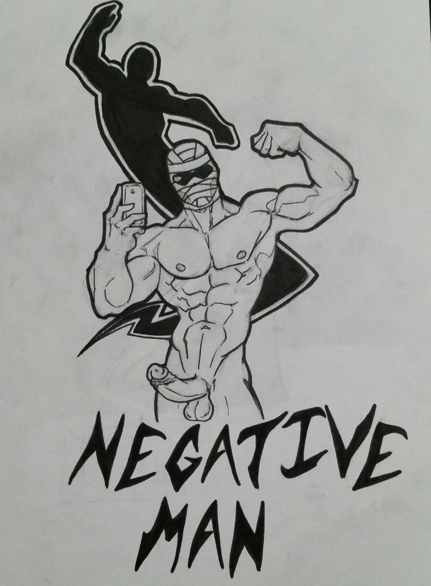 boner cellphone dc doom_patrol english_text erect_penis erection flexing hard_on heroic_creativity larry_trainor looking_at_viewer male male_only muscles muscular muscular_male negative_man posing selfie sketch uncut