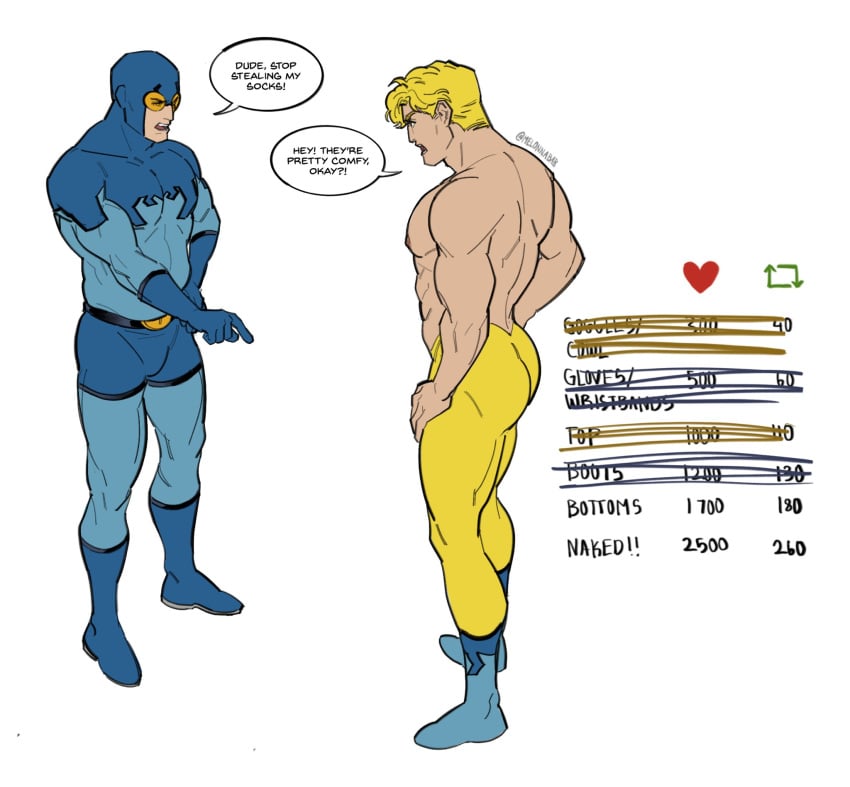 2boys angry ass athletic athletic_male bara blonde_hair blue_beetle blue_clothing bodysuit booster_gold butt clothed clothed_male clothing dc dialogue english_text full_body fully_clothed gloves hair male male_only melonnabab michael_carter muscles muscular muscular_male partially_clothed plain_background shirtless_male short_hair shouting side_view standin stealing_clothes strip_game superhero ted_kord text topless topless_male twitter white_background yellow_hair