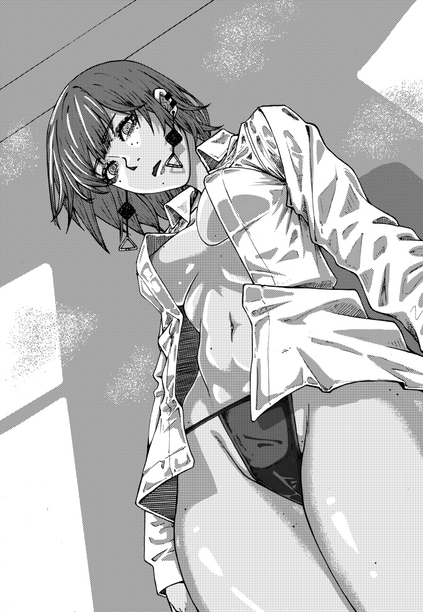 accessory areolae braless cameltoe chainsaw_man clothed curvy curvy_figure earrings fami_(chainsaw_man) fit_female grey_hair highres looking_at_viewer looking_down manga_style medium_breasts medium_hair midriff mole monochrome monochrome_background mu_tou nipple_slip open_mouth pupils skimpy_clothes thick_ass thick_thighs tilted_head underwear undressing unusual_eyes white_shirt