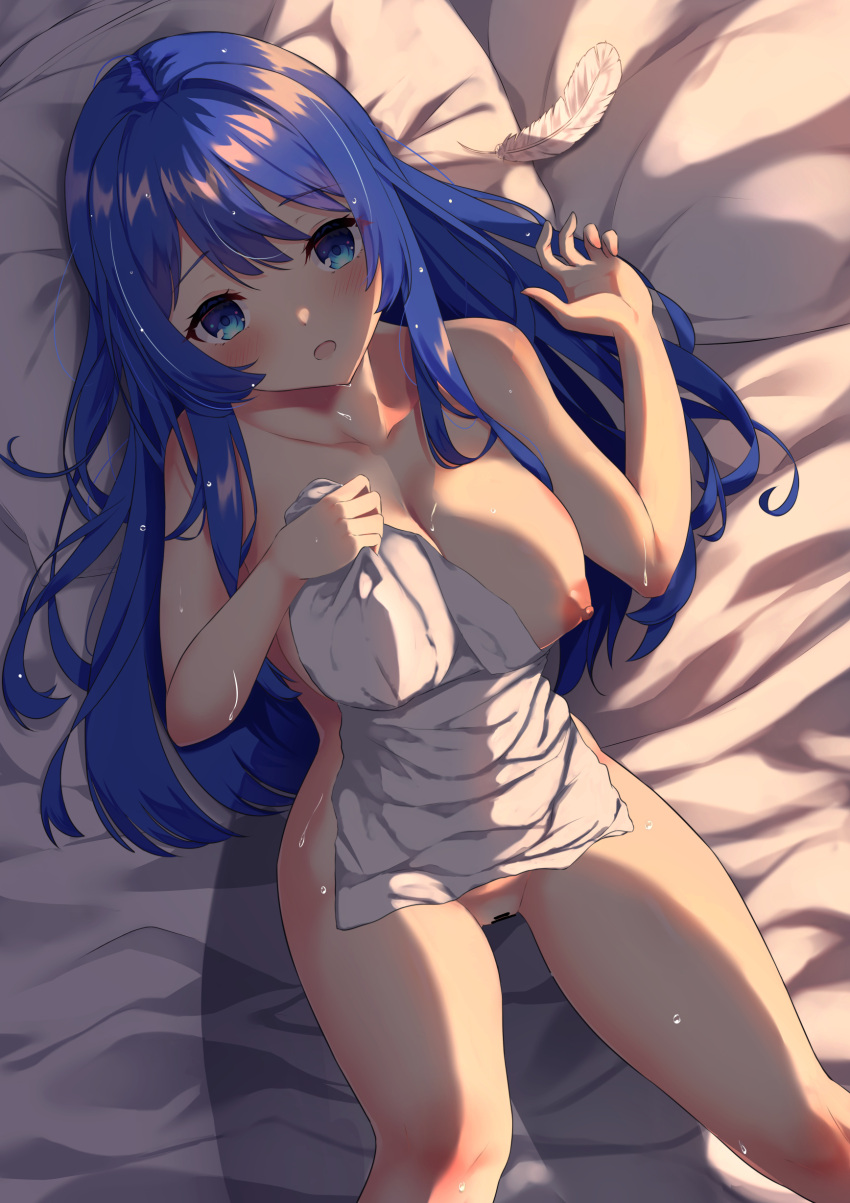 1girls absurdres ambasa bare_shoulders bed blue_eyes blue_hair blush breasts caeda_(fire_emblem) censored cleavage collarbone commentary_request commission completely_nude covering covering_breasts feet_out_of_frame female female_only fire_emblem fire_emblem:_mystery_of_the_emblem fire_emblem:_shadow_dragon_and_the_blade_of_light highres large_breasts long_hair lying naked_towel nintendo nipples nude nude_female on_back on_bed one_breast_out open_mouth pillow pussy shoulders skeb_commission small_towel solo towel very_long_hair wet