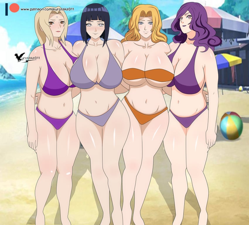 4girls agung911 beach bikini bleach bleach:_the_thousand-year_blood_war blonde_hair boruto:_naruto_next_generations cloud crossover curvaceous curves dark_blue_hair day female female_only hikifune_kirio huge_breasts human hyuuga_hinata large_breasts light-skinned_female looking_at_viewer matsumoto_rangiku mature mature_female mature_woman milf multiple_girls naruto naruto_(series) naruto_shippuden navel orange_hair outdoors outside purple_hair sky standing thick_thighs tsunade