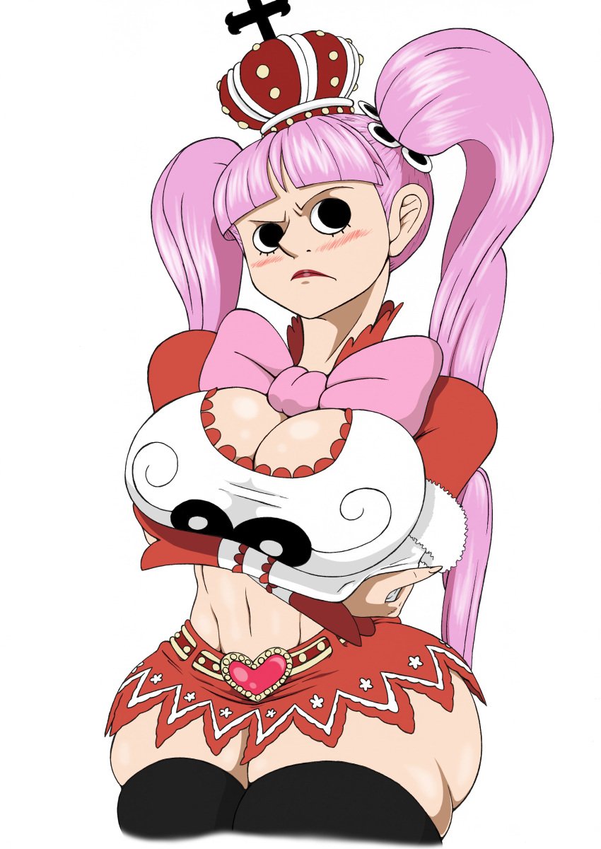 big_breasts boots breasts chadmare crown eyelashes female female_only large_breasts lipstick lolita_fashion long_sleeves one_piece perona pink_hair pouty skirt stockings striped_stockings thick_thighs tight_shirt top_heavy twintails wide_hips