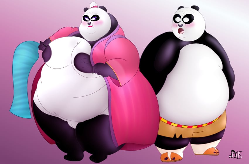 1boy 1girls anthro areolae bear black_fur blush cooldeverage dreamworks fat female furry giant_panda green_eyes huge_breasts kimono kimono_open kung_fu_panda master_po_ping mei_mei_(kung_fu_panda) no_bra no_panties obese obese_female obese_male open_clothes open_mouth overweight overweight_female overweight_male panda partially_nude purple_eyelashes purple_eyes pussy shocked