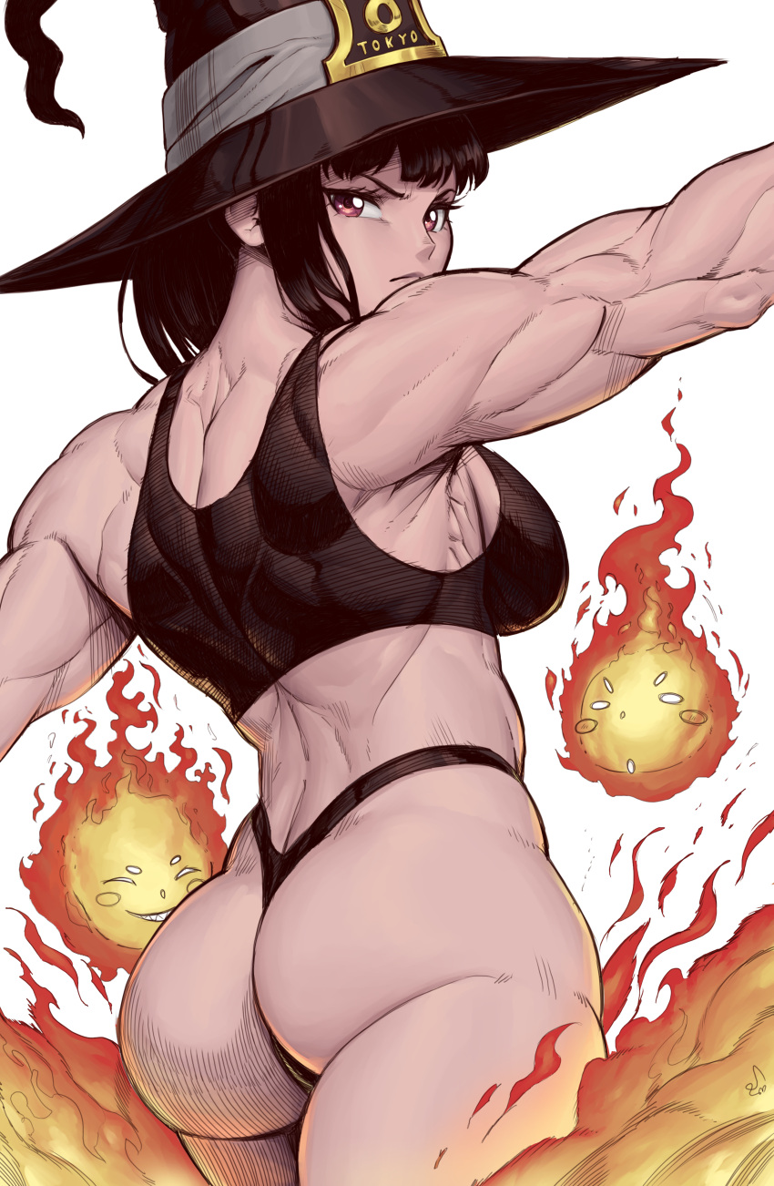 1girls absurd_res angry artist_signature ass back back_muscles back_view bare_arms bare_ass bare_legs bare_shoulders bare_thighs biceps big_ass black_hair black_panties black_sports_bra breasts butt clothed color colored enen_no_shouboutai fire fire_force fireball flexing from_behind hi_res highleg highleg_panties human human_only large_ass large_breasts lats_(muscle) light-skinned_female light_skin looking_at_viewer looking_back magic magic_user medium_hair muscular muscular_arms muscular_back muscular_female outstretched_arms oze_maki solo solo_female speedl00ver thong trapezius triceps turning_head v-shaped_eyebrows violet_eyes witch witch_hat