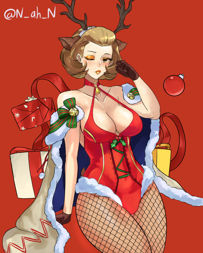 1girls alternate_costume animal_ears antlers bare_shoulders bell blush box breasts brown_eyes brown_gloves brown_hair christmas christmas_ornaments cleavage coat cowboy_shot eyeshadow fake_antlers female female_only fire_emblem fire_emblem:_three_houses fire_emblem_heroes fishnet_pantyhose fishnets gift gift_box gloves hair_ornament hair_slicked_back highres large_breasts leotard lipstick looking_at_viewer makeup manuela_casagranda manuela_casagranda_(winter) mature_female mistletoe mole mole_under_eye n_ah_n nintendo official_alternate_costume open_mouth orange_eyeshadow orange_lips pantyhose plunging_neckline red_ribbon reindeer_antlers ribbon short_hair simple_background smile solo thighs