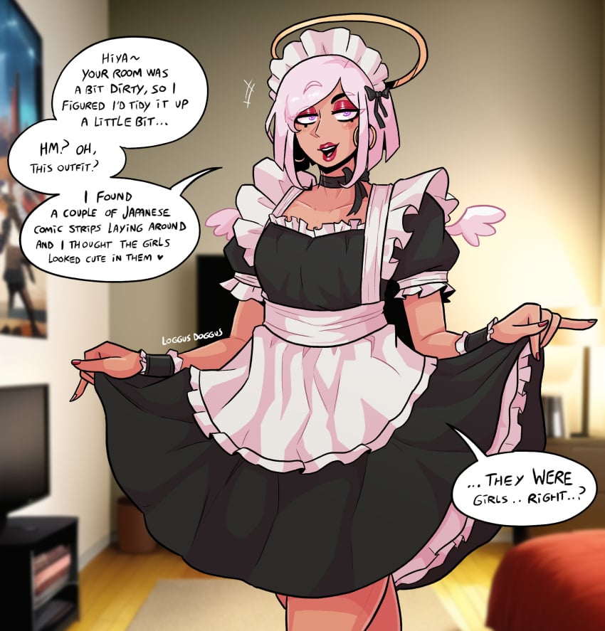 1boy 1femboy 2022 angel angel_halo angel_wings anhel_(loggus_doggus) bob_cut crossdressing femboy femboy_only halo hoop_earrings lipstick loggus_doggus maid maid_apron maid_dress maid_headdress maid_outfit maid_uniform makeup male male_only petticoat pink_hair red_eyeshadow red_lipstick solo text text_bubble tomgirl