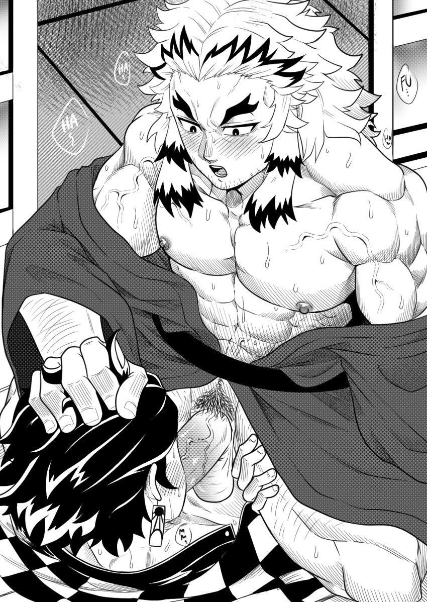 2boys abs age_difference balls bara big_penis blowjob blush boner demon_slayer erection gay hair_grab kamado_tanjirou kimetsu_no_yaiba male_only monochrome muscular_male oral_sex partially_clothed pecs pleasure_face rengoku_shinjurou size_difference sweating tofuboyz yaoi