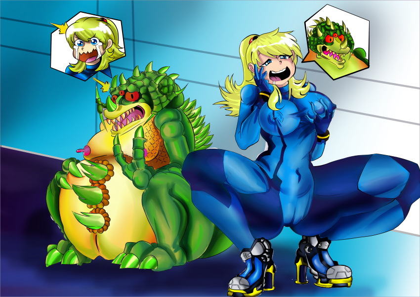 1boy 1girls 2014 blonde_hair body_swap body_thief cameltoe drooling erect_nipples grabbing_own_breast huge_thighs kraid metroid mind_swap nintendo onat onatart pleasure_face reaction_bubble samus_aran satisfied_look squatting thick_thighs tight_clothing touching_face tsf zero_suit_samus