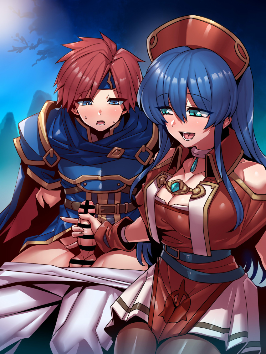 1boy 1girls aqua_eyes armor bar_censor bare_shoulders belt blue_armor blue_belt blue_eyes blue_hair blue_headband blush breasts cape censored cleavage commission dress female fire_emblem fire_emblem:_the_binding_blade green_eyes handjob hat headband highres jewelry large_breasts light-skinned_female light-skinned_male light_skin lilina_(fire_emblem) long_hair looking_at_penis male nintendo open_mouth pantyhose penis red_hair red_headwear roy_(fire_emblem) short_hair skeb_commission smile straight sweatdrop testicles thighs tsuki_wani tukiwani