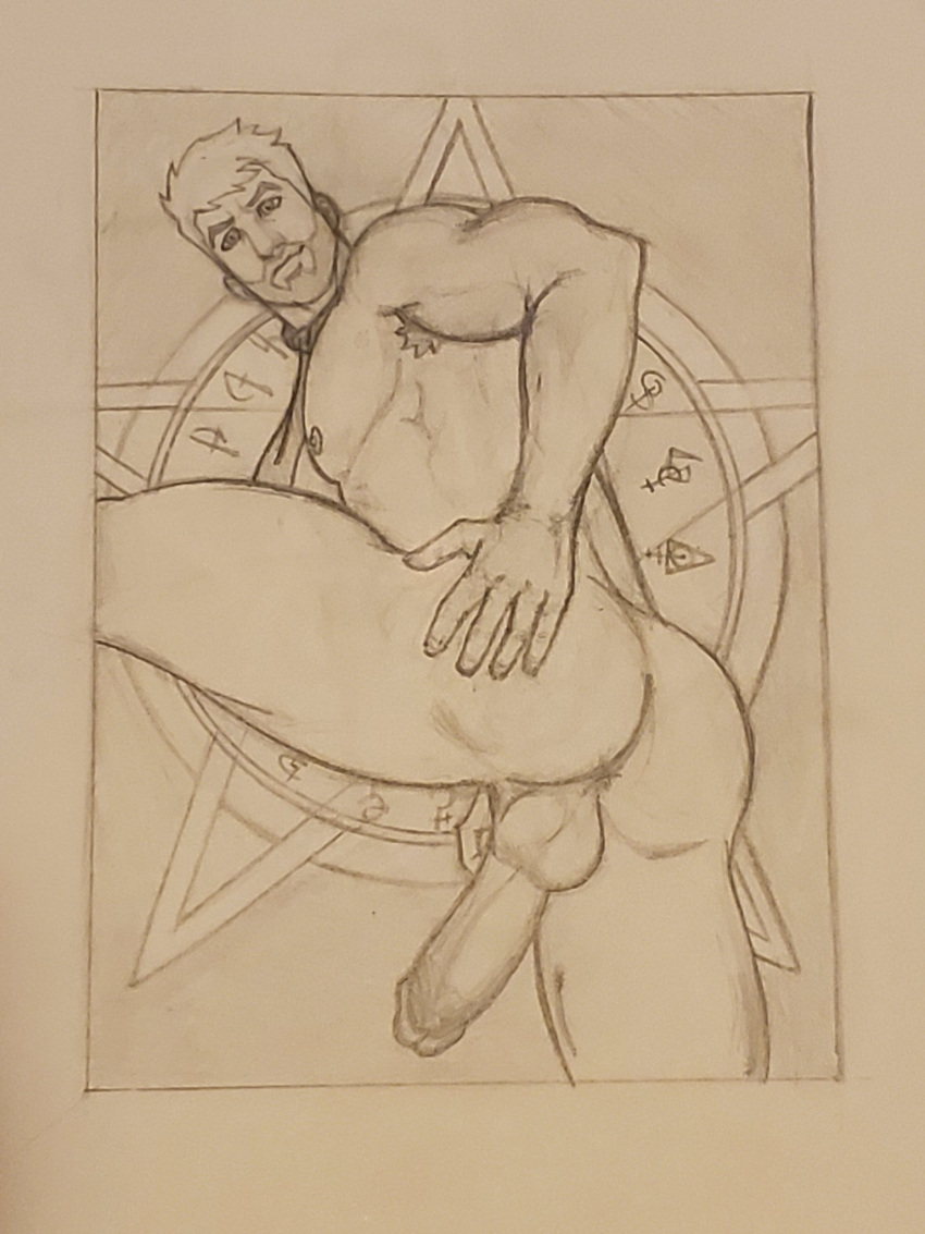 ass bara boner butt dc erect_penis erection hard_on heroic_creativity hole_(anatomy) john_constantine looking_at_viewer looking_back male male_only muscles muscular muscular_male sketch spread_ass uncolored