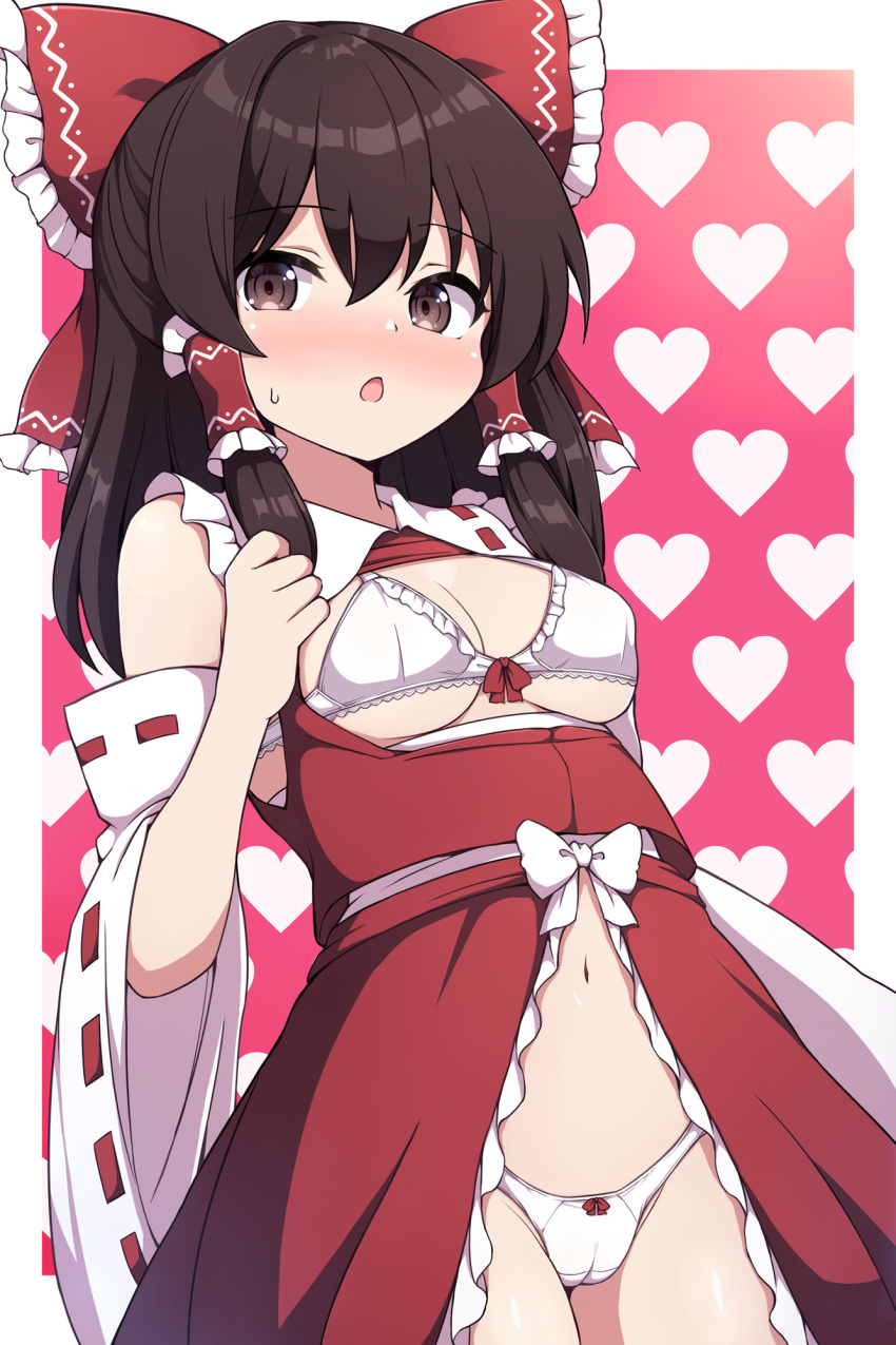 adapted_costume bare_shoulders blush bow bra breasts breasts_out brown_eyes brown_hair cameltoe cowboy_shot detached_sleeves hair_between_eyes hair_bow hair_tubes heart heart_background japanese_clothes long_hair navel nontraditional_miko open_mouth panties red_bow reimu_hakurei revealing_clothes ribbon-trimmed_sleeves ribbon_trim rizento sidelocks small_breasts solo sweatdrop tagme touhou underwear white_bra white_panties white_sleeves wide_sleeves