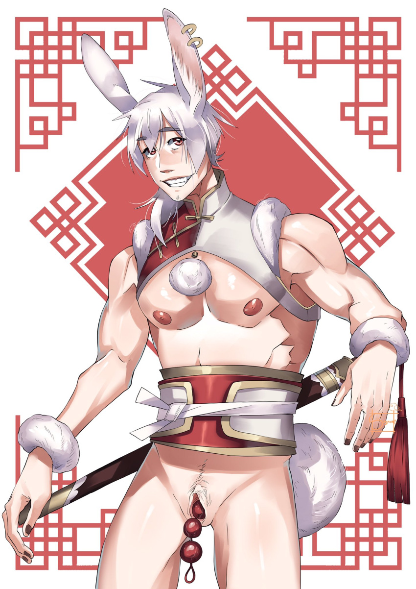 1cuntboy anal_beads anal_beads_in_pussy chinese_zodiac cuntboy looking_at_viewer male male_only muscles muscular muscular_male rabbit_(chinese_zodiac) rabbit_ears rabbit_tail sex_toy solo suzumeyaoi year_of_the_rabbit zodiac