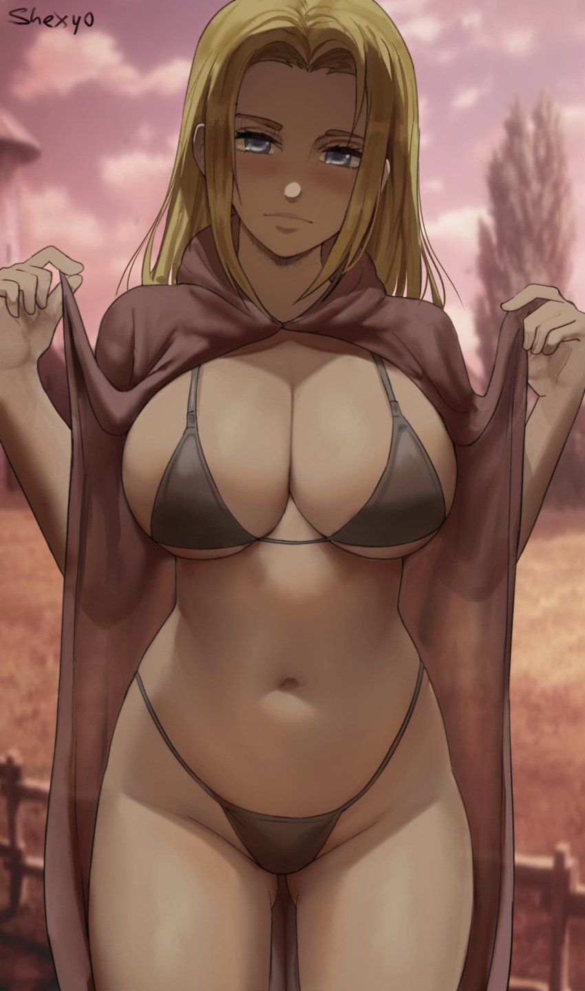 1girls attack_on_titan big_breasts bikini blonde_hair blue_eyes breasts dimly_lit female historia_reiss light_skinned_female long_hair shexyo showing_off solo thick_thighs unseen_male