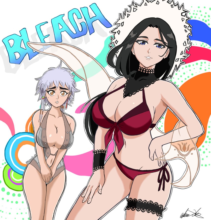 2girls age_difference asymmetrical_hair black_hair bleach bleach_brave_souls blue_eyes braids brown_eyes busty captain_and_lieutenant covering covering_crotch covering_self curvaceous curvy_female curvy_figure earrings embarrassed fat_breasts female female_only flat_belly hat hourglass_figure jewelry kotetsu_isane large_breasts looking_at_viewer mature mature_female mature_woman midriff multiple_girls older_female one-piece_swimsuit ponytail short_hair shounen_jump shy silver_hair slutty_outfit summer_hat swimsuit take_your_pick taller_girl teacher_and_student unohana_retsu voluptuous yamazaki_guy younger_female