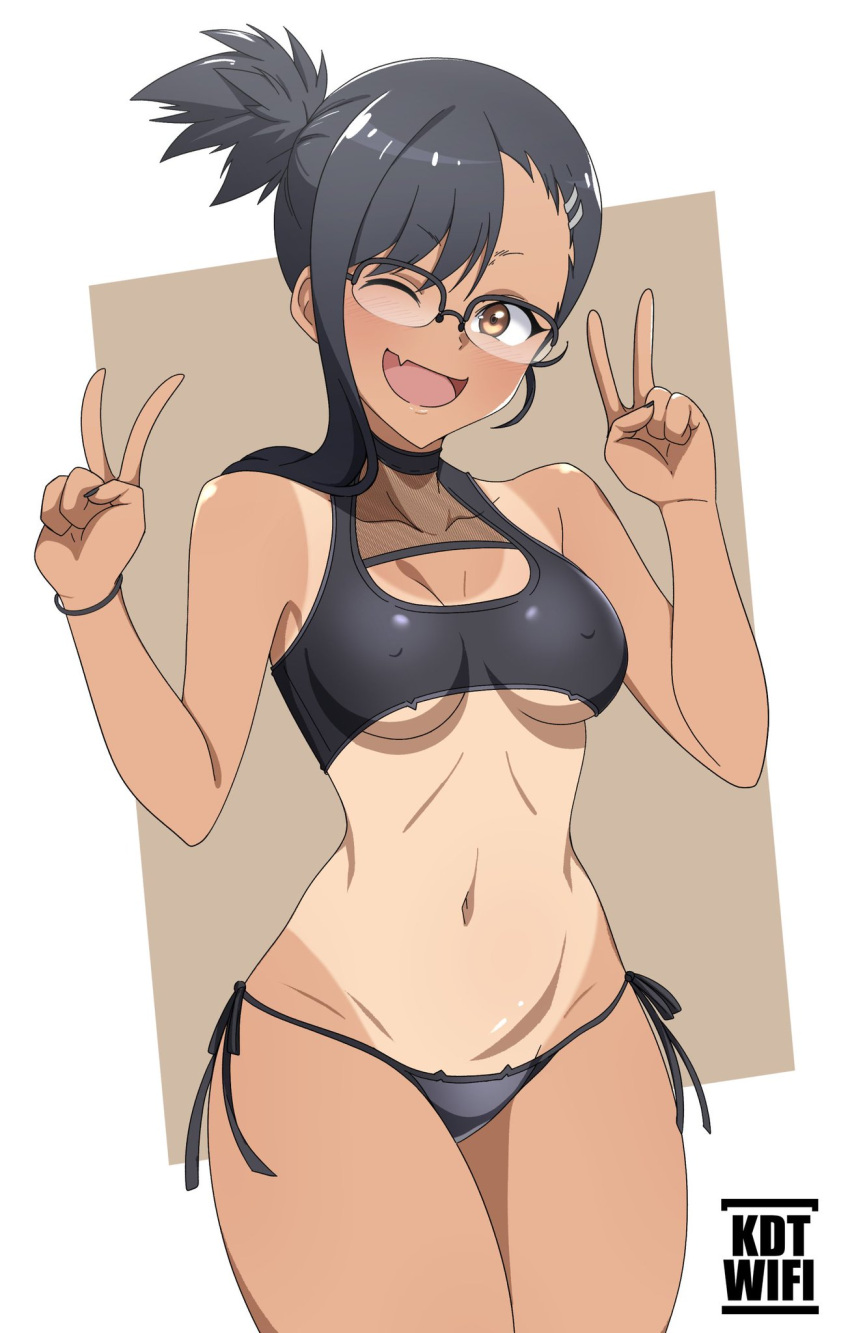 1girls big_breasts black_hair blush breasts brown_eyes clothed clothing curvy fangs female female_focus female_only glasses hayase_nagatoro hi_res highres kdtwifi lingerie long_hair looking_at_viewer one_eye_closed open_mouth peace_sign please_don't_bully_me,_nagatoro ponytail revealing_clothes simple_background smile solo solo_female swimsuit tan tan-skinned_female tan_body tan_skin tanline tanned tanned_female watermark wide_hips wink yellow_eyes