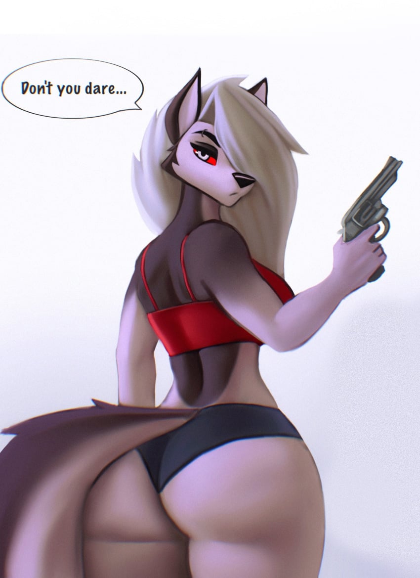 2022 2d anthro aozee ass black_eyeshadow black_nose black_pupils breasts dat_ass demon demon_girl digital_media_(artwork) eyebrow_piercing eyebrows eyelashes female firearm furry furry_female furry_only grey_body grey_fur hair hair_over_one_eye hellhound helluva_boss long_hair looking_at_viewer loona_(helluva_boss) no_humans piercing rear_view red_sclera red_topwear shorts solo speech_bubble tagme tail text thick_ass thick_thighs white_background white_body white_eyes white_fur white_hair