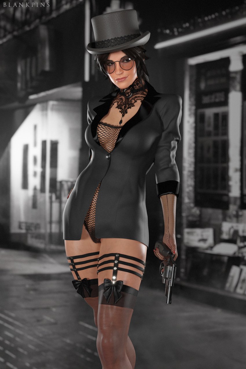 1girls 3d blankpins choker city cityscape female female_only firearm fishnet fit_female glasses gun handgun hat human jacket lara_croft lara_croft_(survivor) muscular_female noir prostitute pubes_exposed pubic_hair revolver round_glasses slutty_outfit solo stockings street tomb_raider tophat weapon