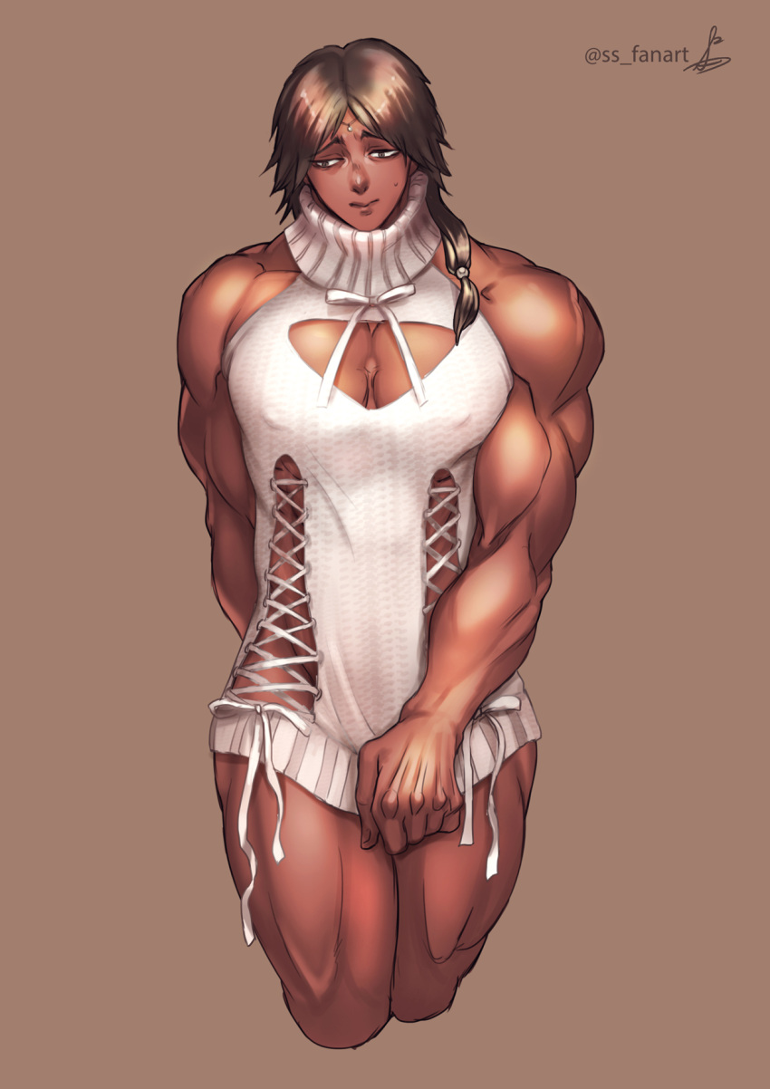 brown_hair circlet cleavage cleavage_cutout crossdressing dark-skinned_male dark_hair dark_skin embarrassed gaolang_wongsawat kengan_(series) kengan_ashura kengan_omega long_hair long_hair_male looking_away low_ponytail male male_only muscular muscular_male nipple_bulge ponytail solo ss_fanart sweater sweater_dress tied_hair turtleneck virgin_killer_sweater