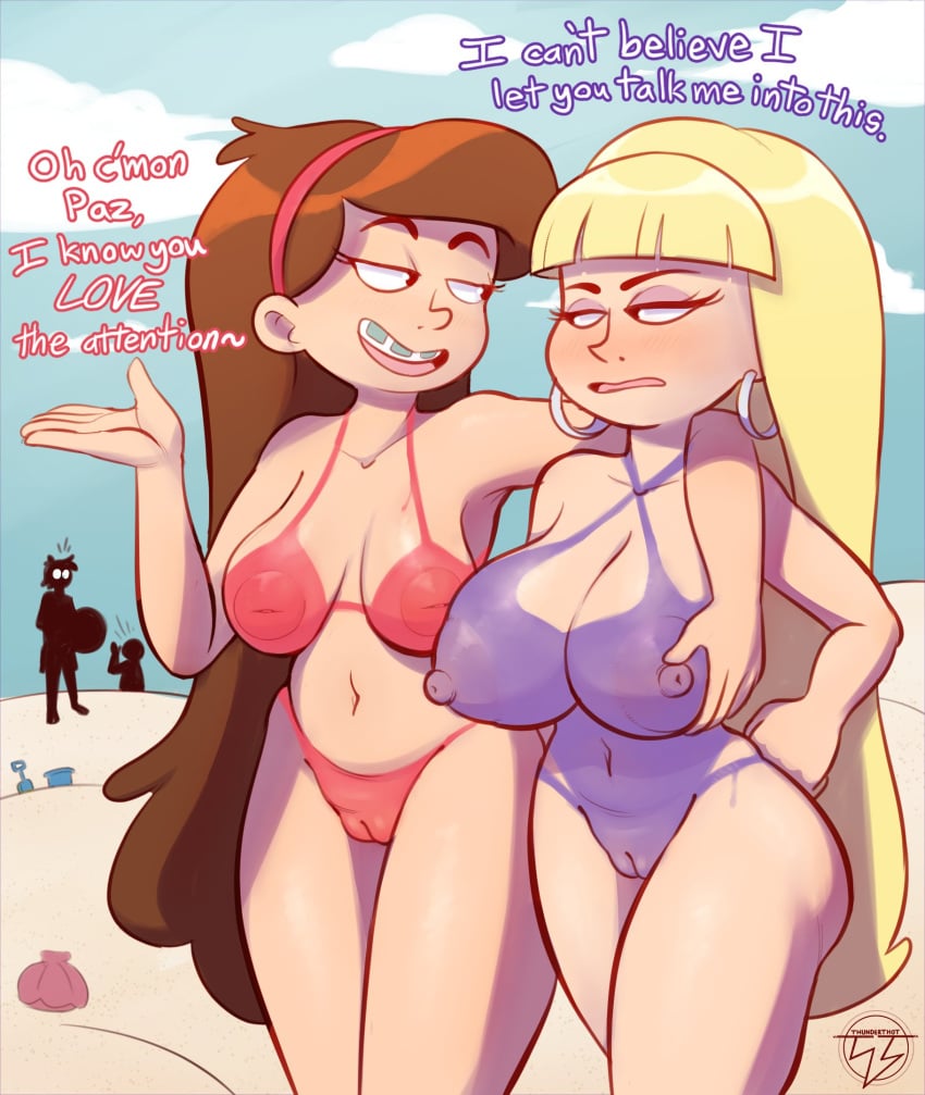 2girls areola areolae bare_shoulders beach big_breasts blonde_hair bodypaint braces breast_grab breasts brown_hair clam completely_nude_female dialogue disney disney_channel earrings english_text female female_only gravity_falls large_breasts long_hair mabel_pines multiple_girls navel nipples open_mouth open_smile outdoors outside pacifica_northwest painted_clothes public public_nudity sky smile smooth_skin standing text thunderthot voluptuous wide_hips