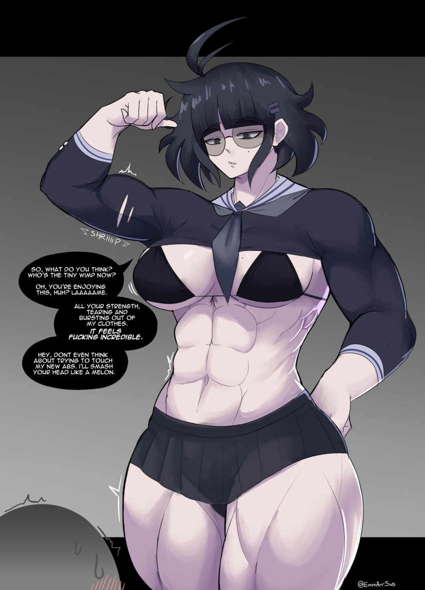 1girls abs ahoge attribute_theft biceps dark_hair dialogue emmarrgus femdom glaring glasses height_difference keiko_(emmarrgus) mole_on_breast mole_under_eye muscle_growth muscular_female muscular_thighs onomatopoeia ripped_clothing serafuku taller_girl tight_clothing wardrobe_malfunction