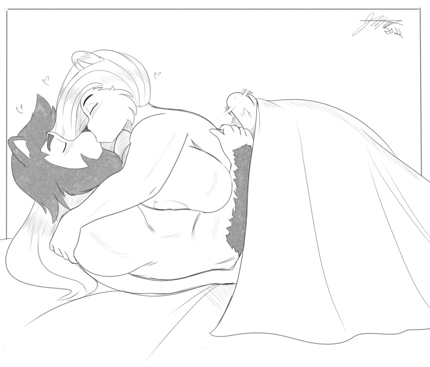 amara_(jwinkz) anthro arm_hair artjwink big_breasts black_and_white blanket breasts female furry happy_sex jwinkz kissing long_hair male sketch tagme tail tail_wagging