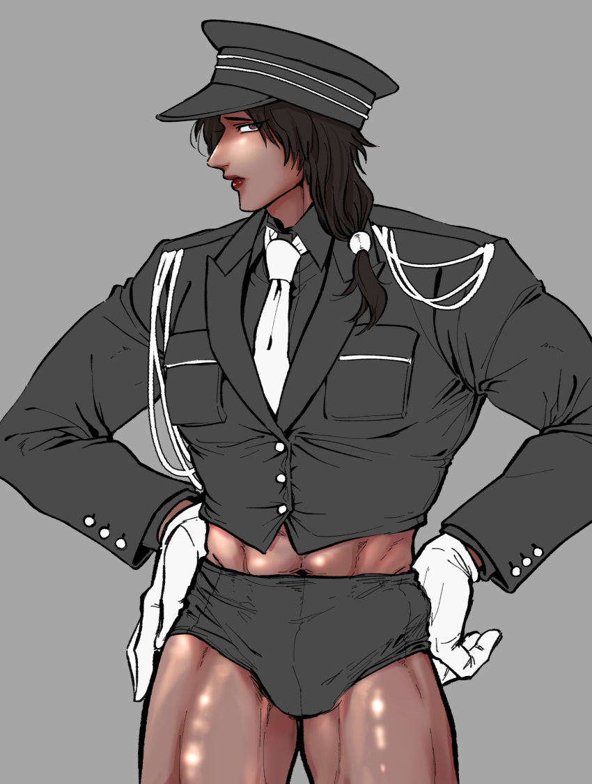 black_hair bulge dark-skinned_male dark_skin gaolang_wongsawat gloves hands_on_hips kengan_(series) kengan_ashura lipstick long_hair long_hair_male looking_at_viewer low_ponytail mahuri male male_only military_hat military_jacket military_uniform muscular muscular_male penis_outline ponytail red_lipstick short_shorts shorts solo tan_skin uniform white_gloves