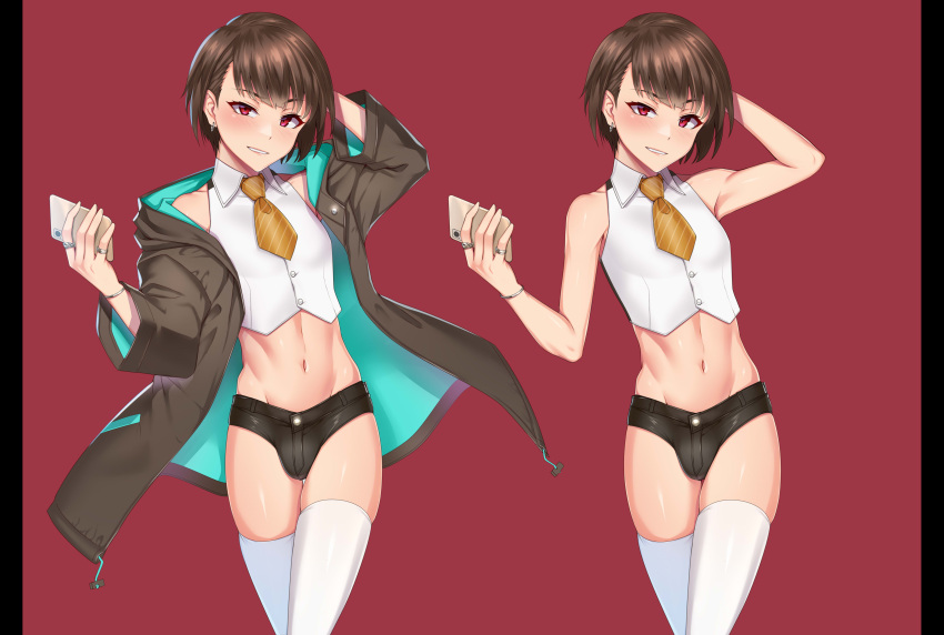 1boy brown_hair bulge femboy girly harunori_oogami holding_phone jacket looking_at_viewer male_only miga2580 necktie otoko_no_ko otokonoko phone red_eyes ring rings shorts smartphone solo_male thighhighs tomgirl trap