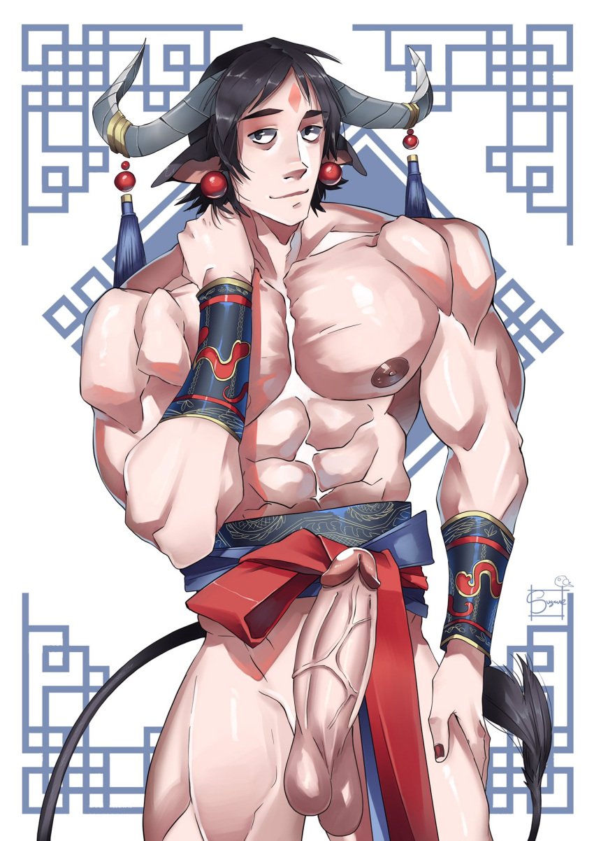 big_cock big_penis boner chinese_zodiac erect_penis erection hard_on horns huge_cock huge_penis looking_at_viewer male male_only muscles muscular muscular_male ox_(chinese_zodiac) ox_ears ox_tail suzumeyaoi veiny_penis year_of_the_ox zodiac