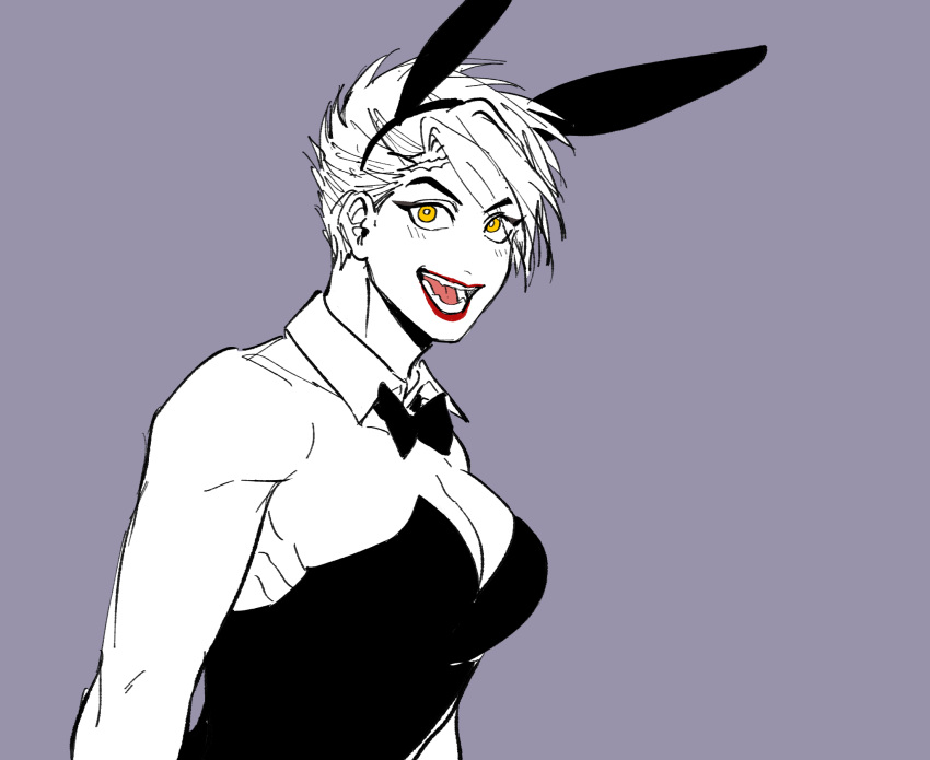 bowtie bunny_ears bunny_girl bunnysuit cleavage detached_collar female female_only genderswap_(mtf) kengan_(series) kengan_ashura kengan_omega lipstick looking_at_viewer mahuri open_mouth partially_colored red_lipstick rule_63 short_hair smile solo tomboy toned toned_female upper_body very_short_hair yellow_eyes yoroizuka_saw_paing