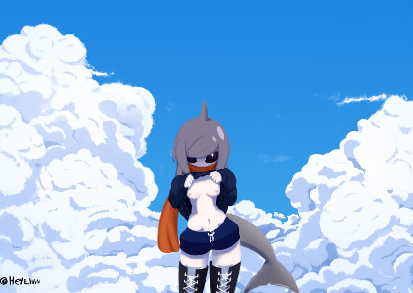 1girls areolae black_sclera boots breasts breasts_out clouds dolphi dolphin_tail exposed_breasts female_only fin funamusea heyelian navel nipples shirt shirt_lift shorts sky small_breasts solo solo_female wadanohara_and_the_great_blue_sea white_pupils white_skin